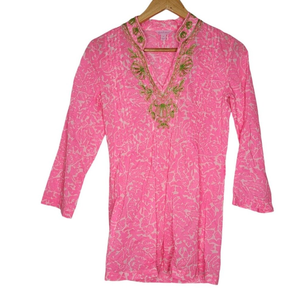 Lilly Pulitzer XS‎ Sarasota Beaded Tunic Cosmo Pink Long Sleeve Top